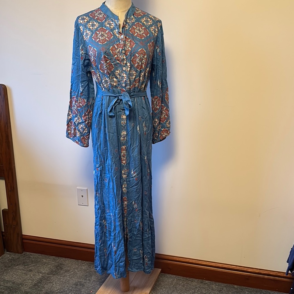 S.L. Fashions Blue Orange Long Sleeve Mandarin Collar Dress